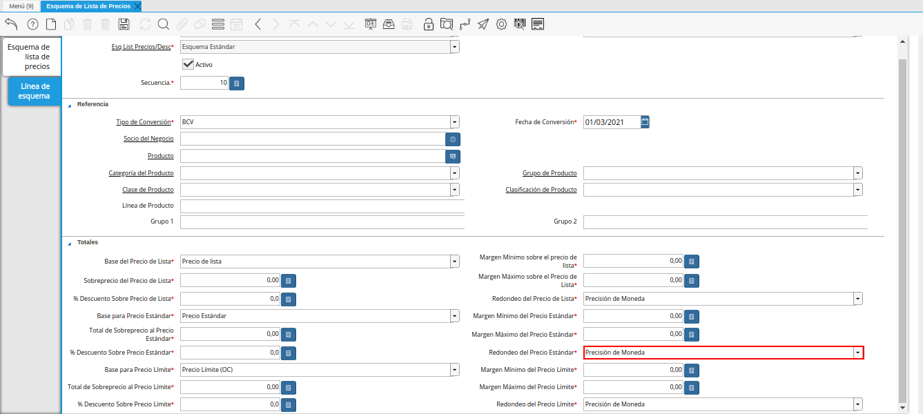 campo redondeo del precio estándar de la pestaña línea de esquema