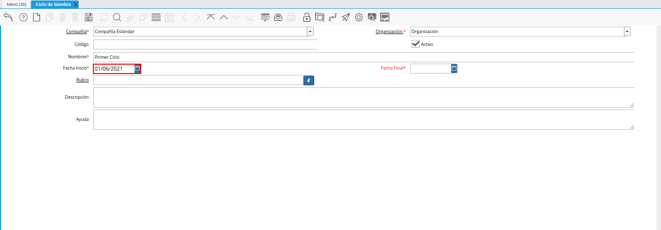 campo fecha de inicio de la ventana ciclo de siembra