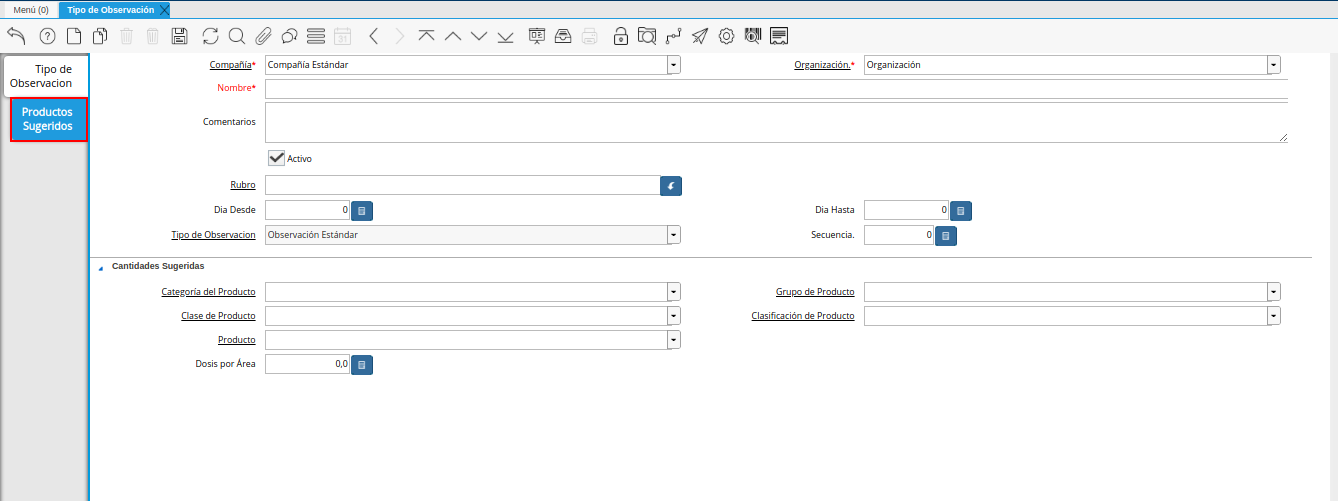 pestaña productos sugeridos de la ventana tipo de observación