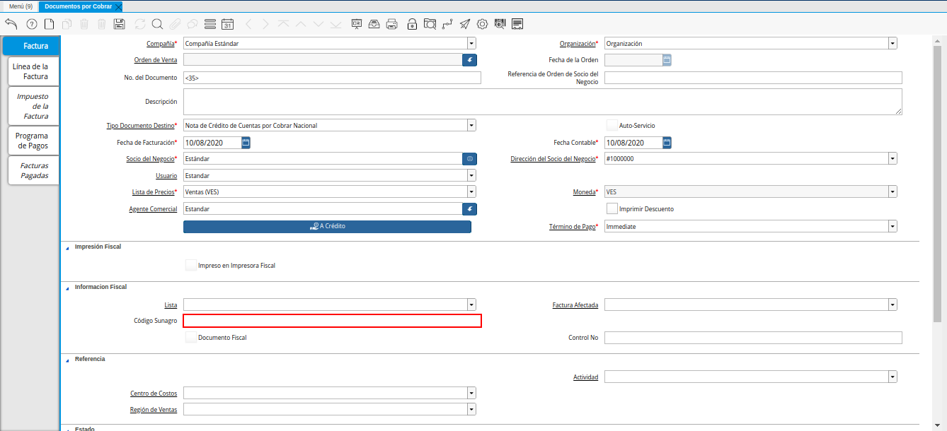 Campo Código Sunagro de la Nota de Crédito de CxC