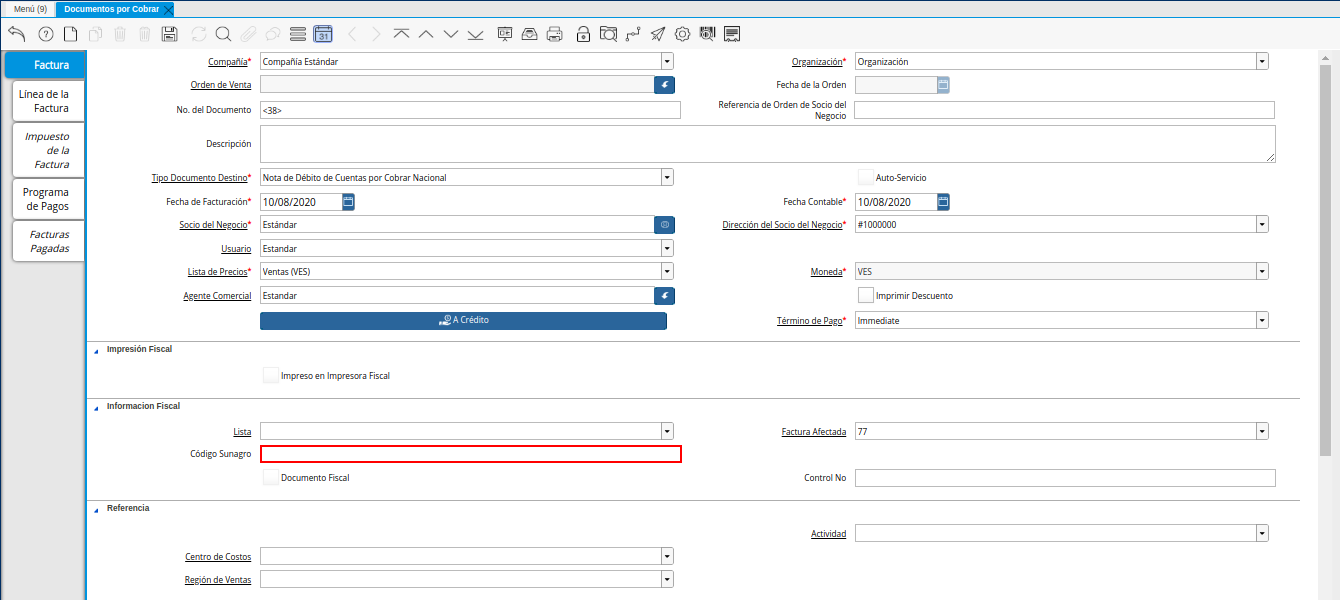 Campo Código Sunagro de la Nota de Débito de CxC