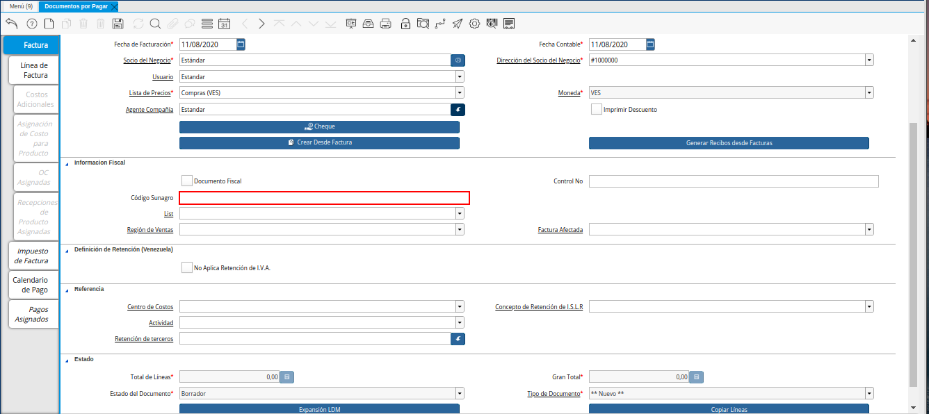 Campo Código Sunagro de la Nota de Crédito de CxP