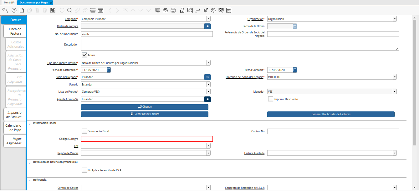 Campo Código Sunagro de la Nota de Débito de CxP