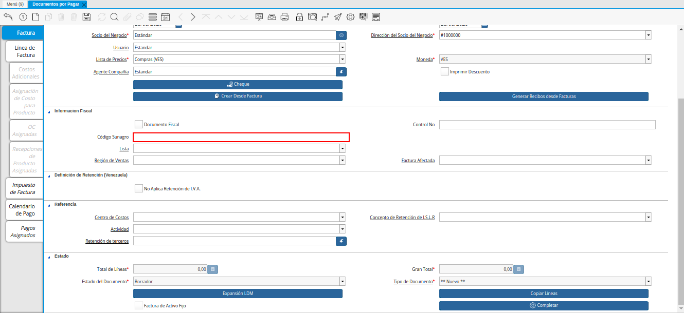 Campo Código Sunagro