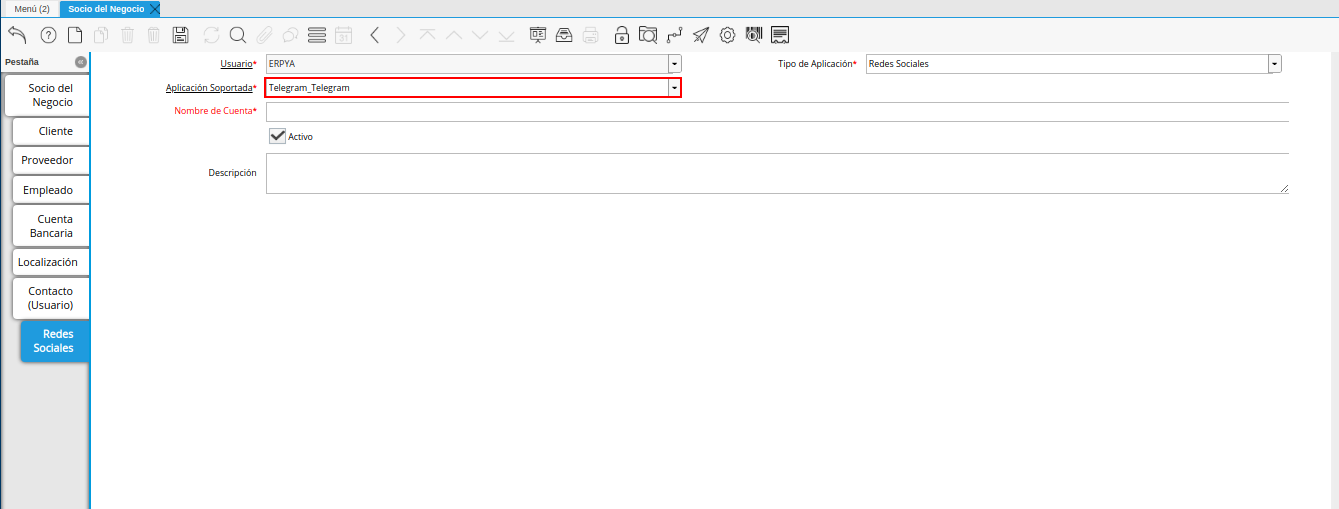 campo aplicación soportada de la pestaña redes sociales de la ventana socio del negocio