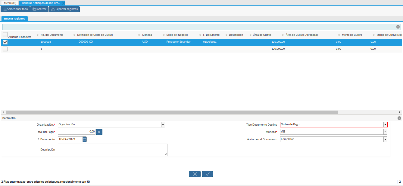campo tipo de documento destino del generar anticipos desde crédito al productor