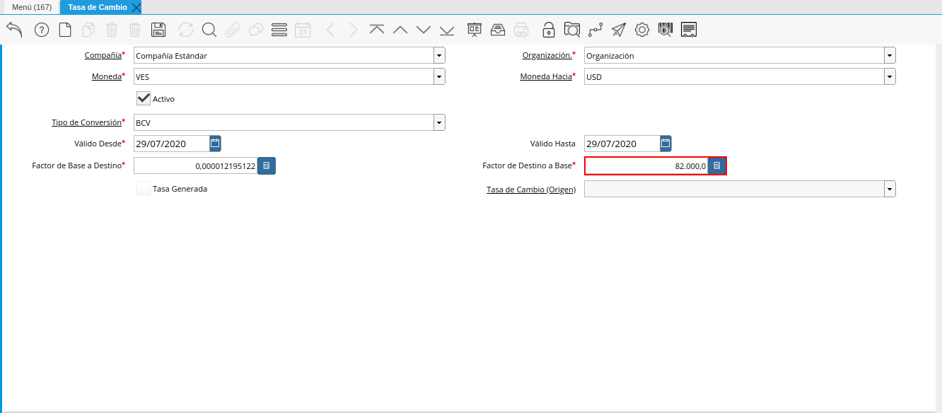 campo factor de destino a base de la tasa de cambio
