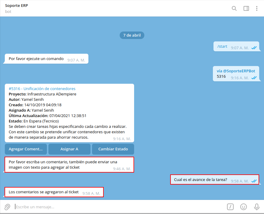 comentario de la tarea en el bot