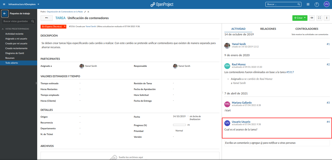 comentario de la tarea en el openproject