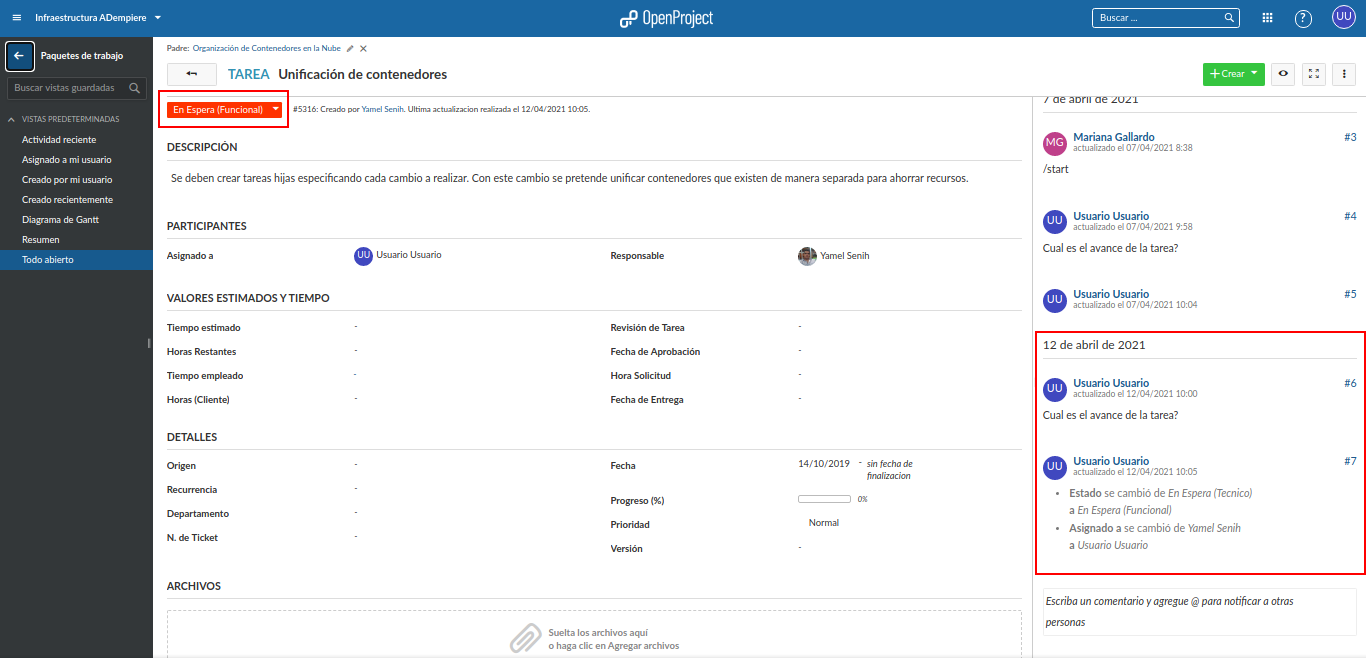 estado de la tarea en el openproject del consultar tareas