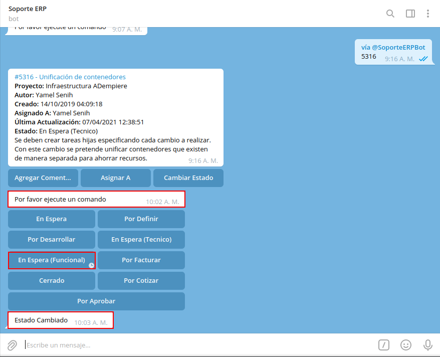 estado de la tarea en el bot