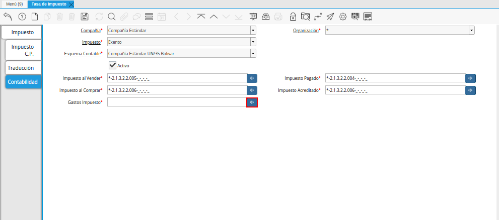 Campo Gastos Impuesto de la Pestaña Contabilidad de la Ventana Tasa de Impuesto