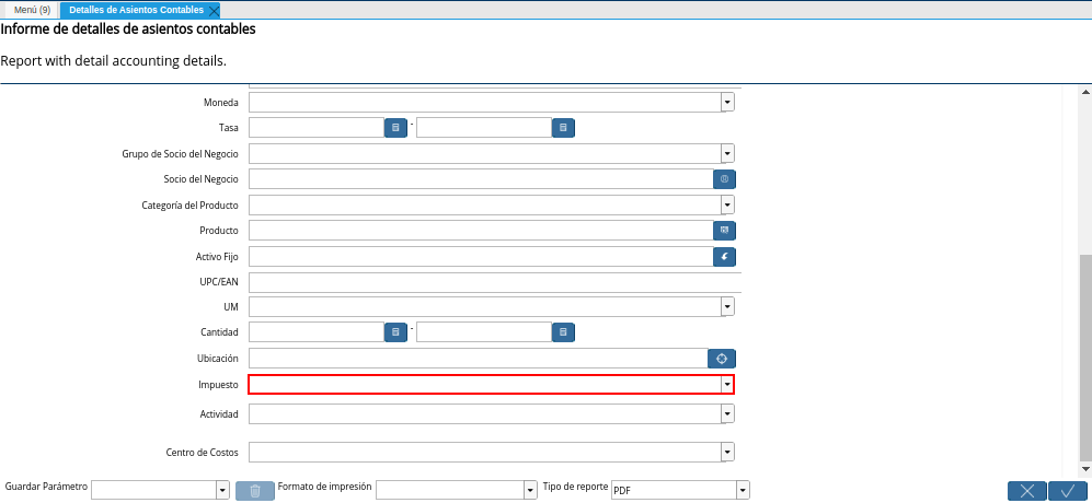 Campo Impuesto de la Ventana Detalles de Asientos Contables