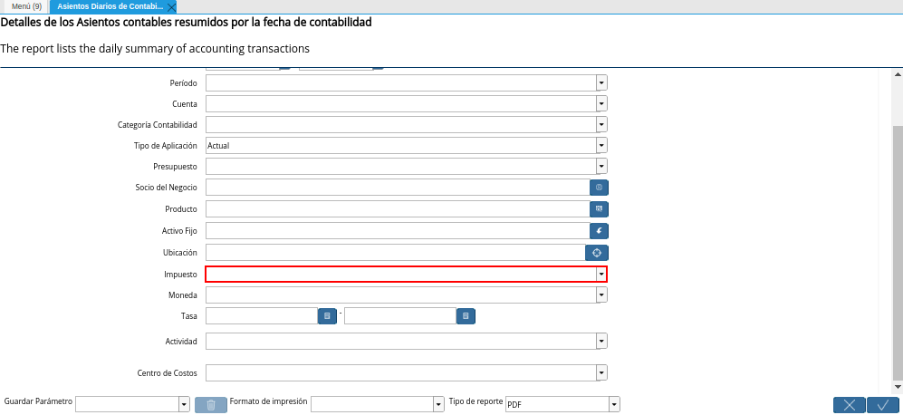 Campo Impuesto de la Ventana Asientos Diarios de Contabilidad