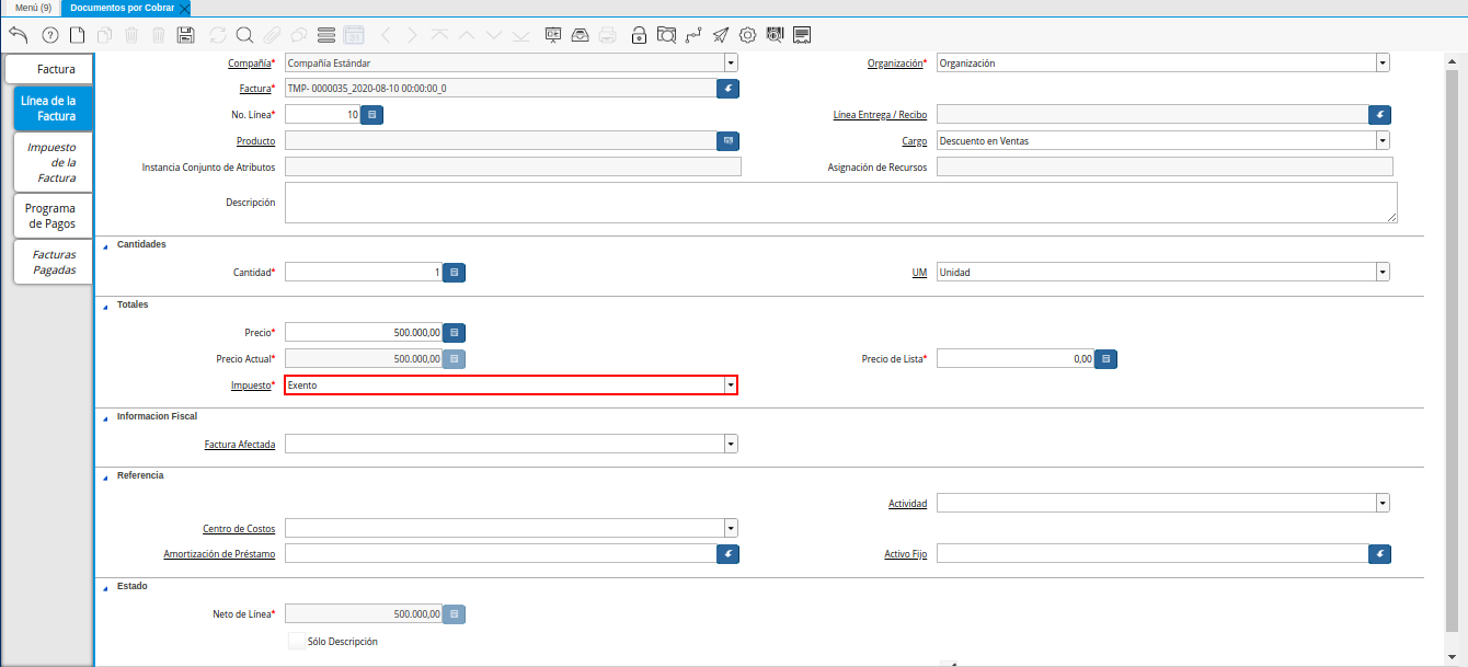 Campo Impuesto de la Nota de Crédito de CxC