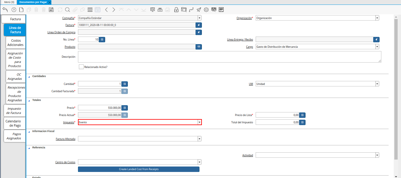 Campo Impuesto de la Pestaña Línea de la Factura de la Nota de débito de CxP