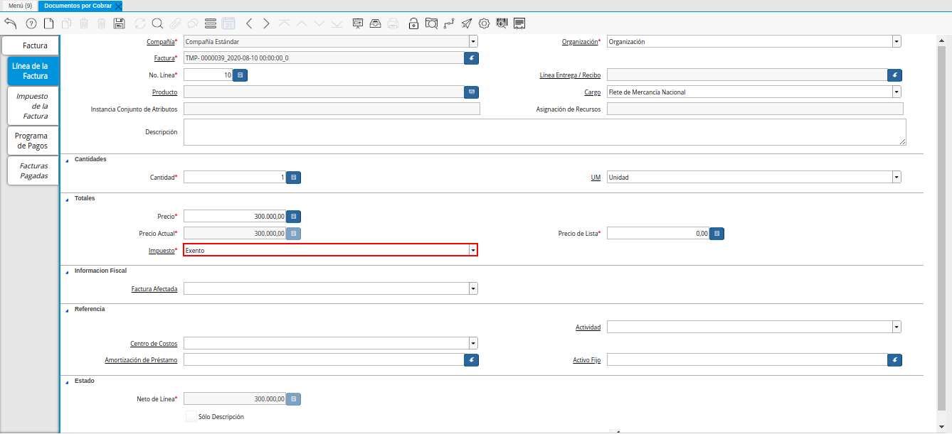Campo Impuesto de la Nota de Débito de CxC