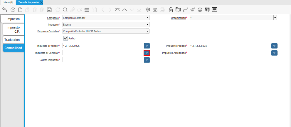 Campo Impuesto al Comprar de la Pestaña Contabilidad de la Ventana Tasa de Impuesto