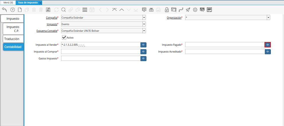 Campo Impuesto Pagado de la Pestaña Contabilidad de la Ventana Tasa de Impuesto