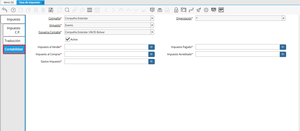 Pestaña Contabilidad de la Ventana Tasa de Impuesto