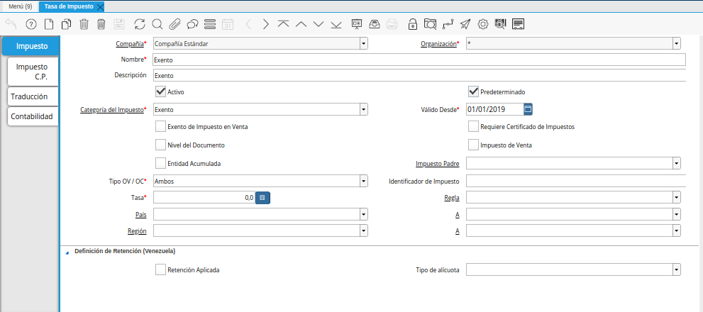 Ventana Tasa de Impuesto