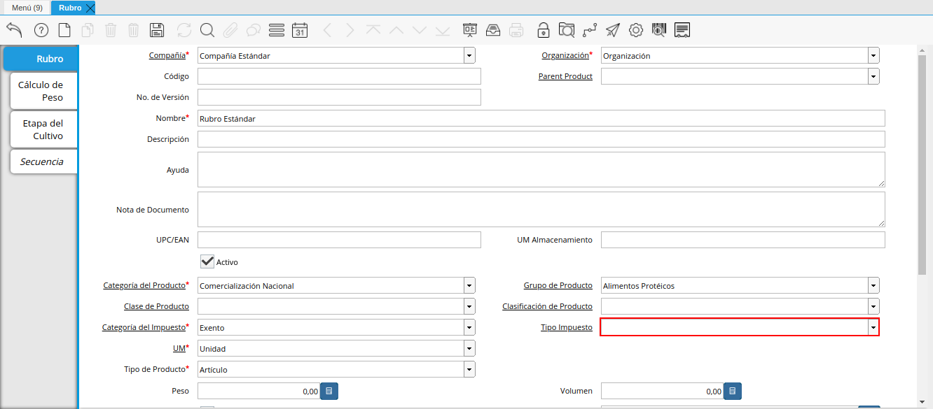 Campo Tipo de Impuesto