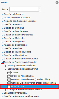 menú de hoja técnica