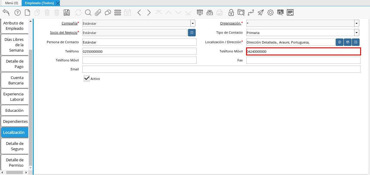 Campo Teléfono Móvil Localización
