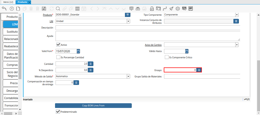 Campo Ensayo de la Pestaña ldm del Producto Estándar para Producción