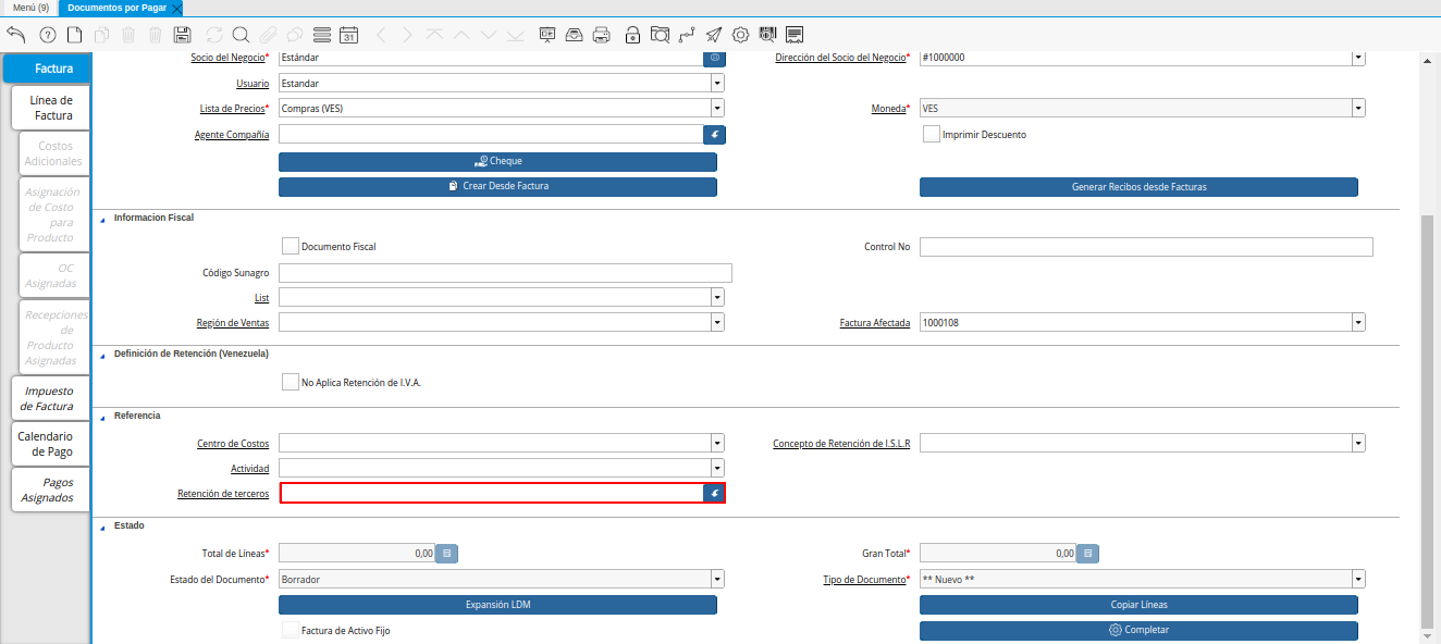 Campo Retención de Terceros de la Nota de Crédito de CxP