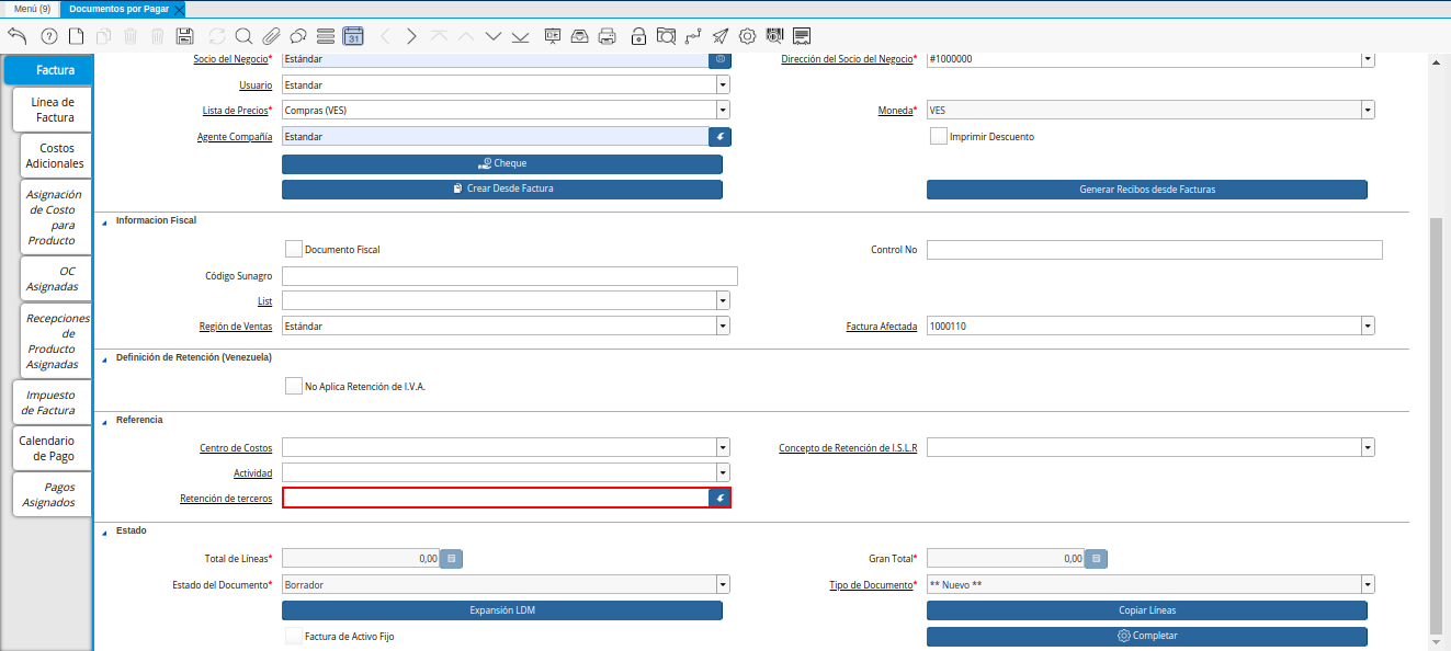 Campo Retención de Terceros de la Nota de Débito de CxP
