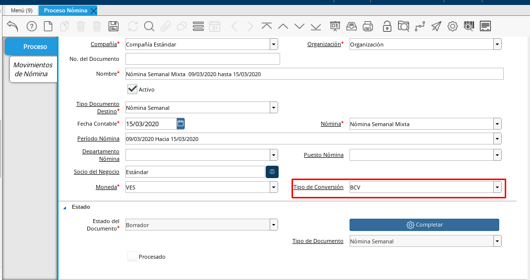 Campo Tipo de Conversión