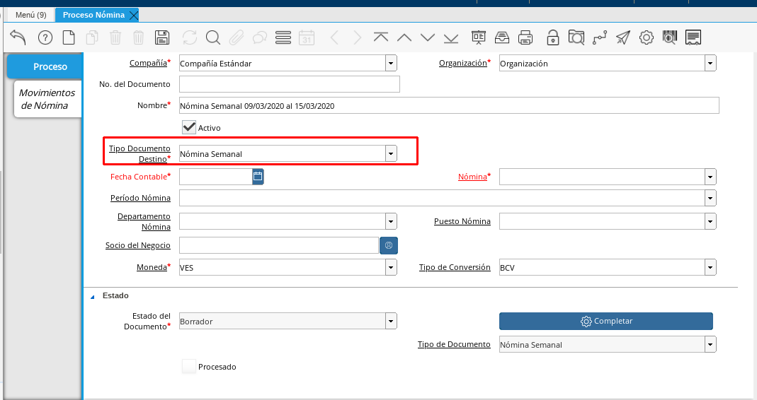 Campo Tipo de Documento Destino