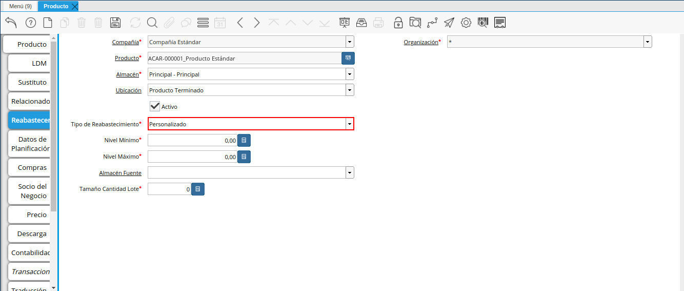 Campo Tipo de Reabastecimiento