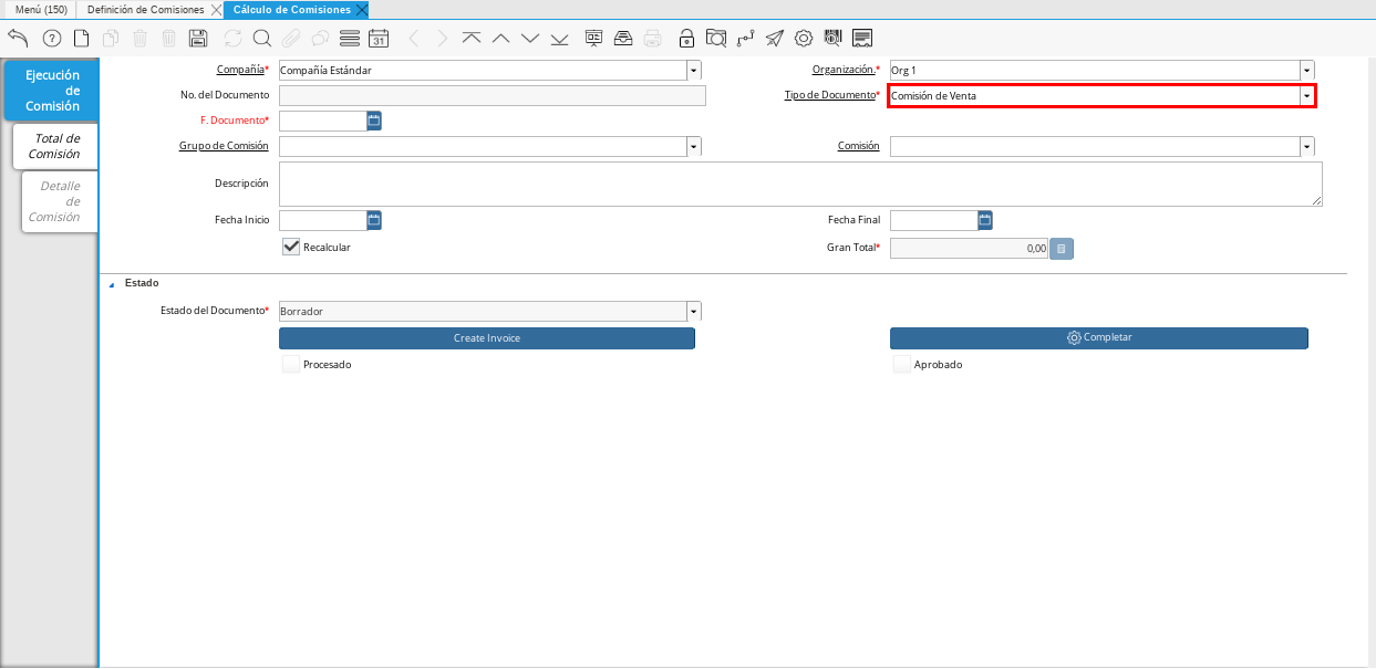 Campo Tipo de Documento