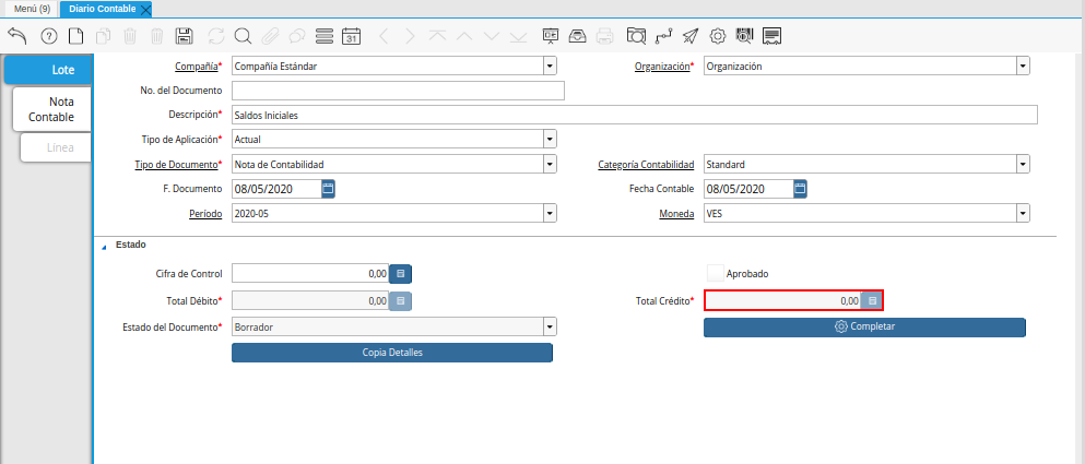 Campo Total Crédito de la Pestaña Lote Contable de la Ventana Diario Contable