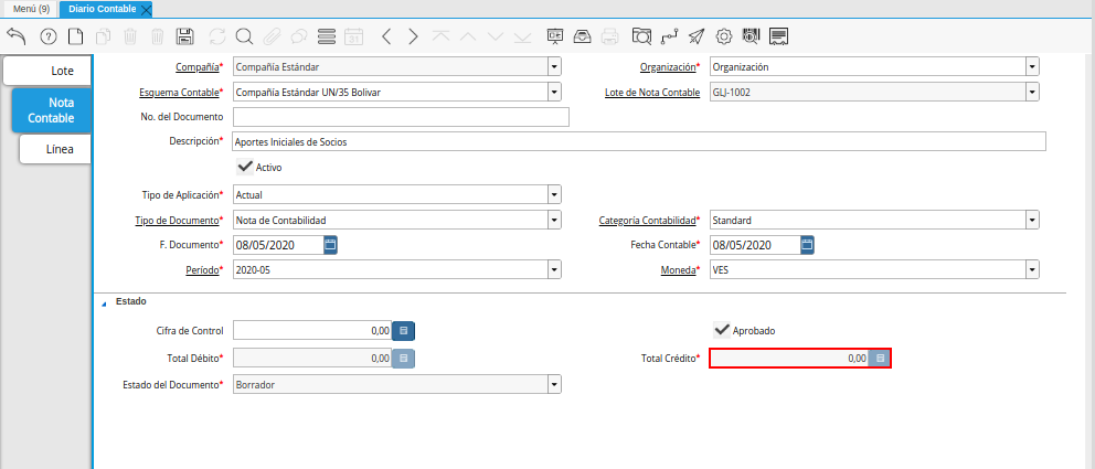 Campo Total Crédito de la Pestaña Nota Contable de la Ventana Diario Contable