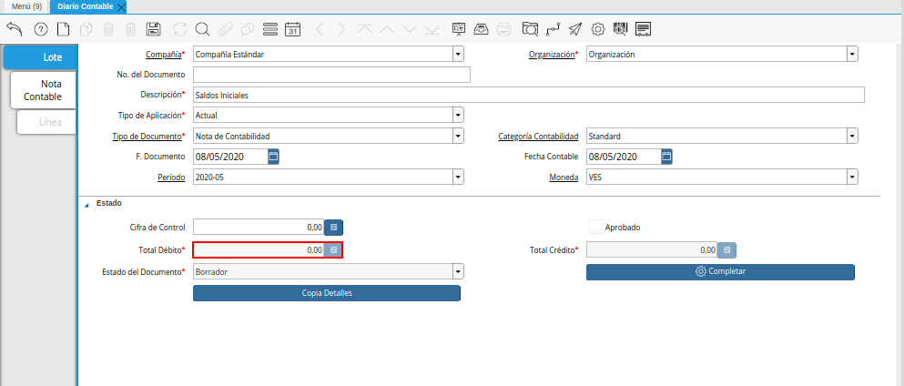 Campo Total Débito de la Pestaña Lote Contable de la Ventana Diario Contable