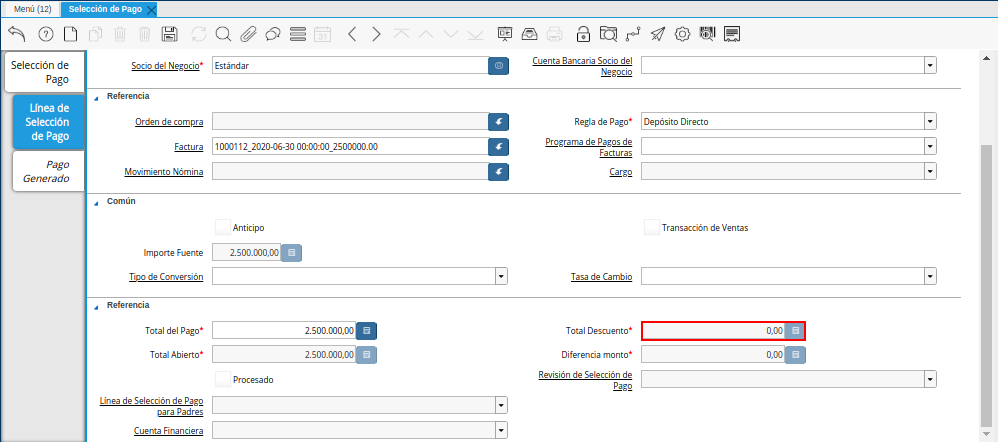 Campo Total de Descuento del Documento Orden de Pago desde Factura