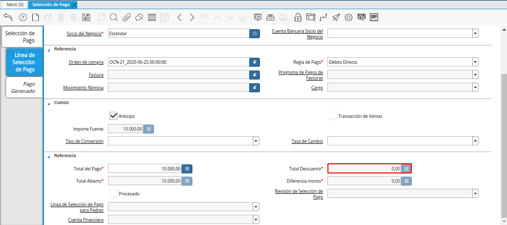 Campo Total de Descuento del Documento Orden de Pago desde Orden