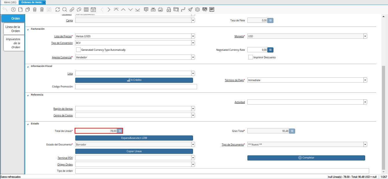 campo total de líneas de la ventana órdenes de venta
