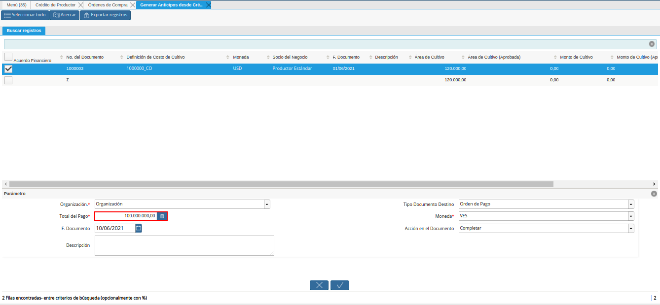 campo total del pago del generar anticipos desde crédito al productor
