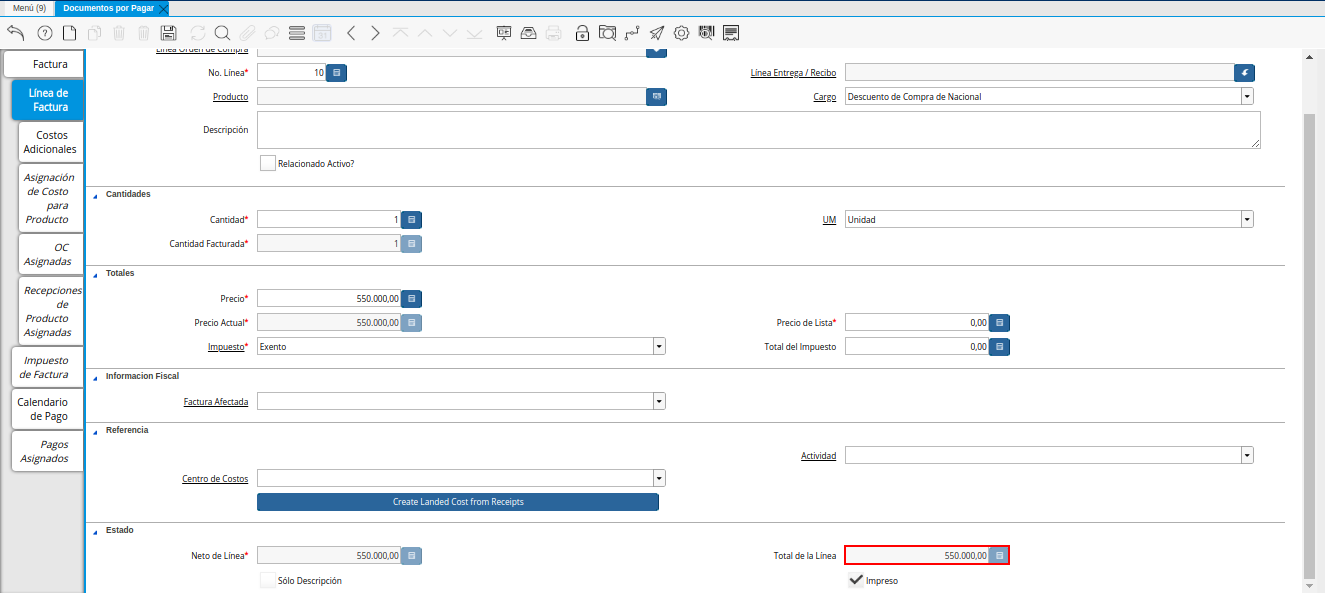 Campo Total de la Línea de la Pestaña Línea de la Factura de la Nota de Crédito de CxP