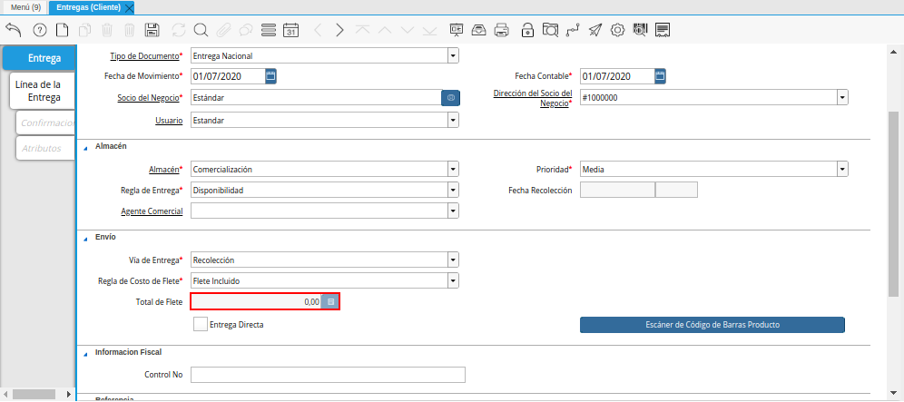 Campo Total de Flete de la Ventana Entregas Cliente