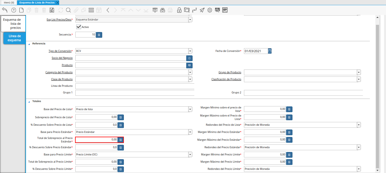campo total de sobreprecio al precio estándar de la pestaña línea de esquema