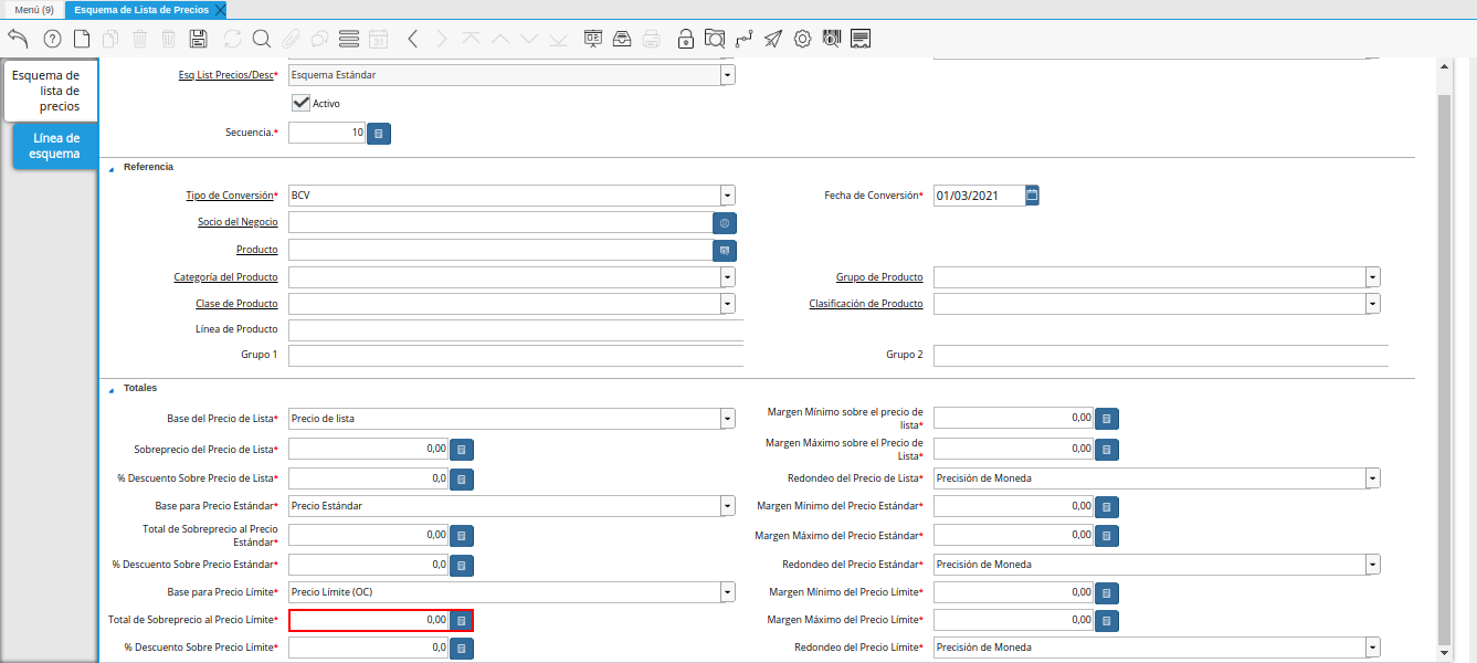 campo total de sobreprecio al precio límite de la pestaña línea de esquema
