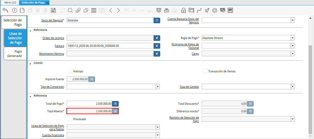 Total de Abierto del Documento Orden de Pago desde Factura