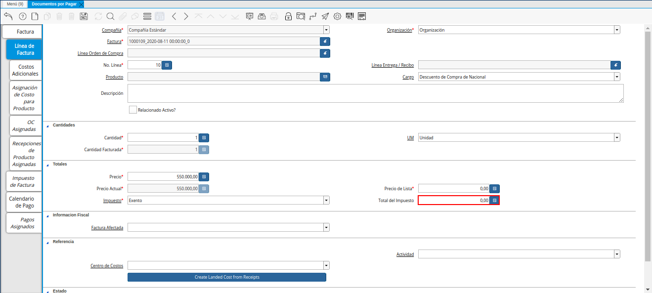 campo total del impuesto de la pestaña línea de factura de la nota de crédito de cxp