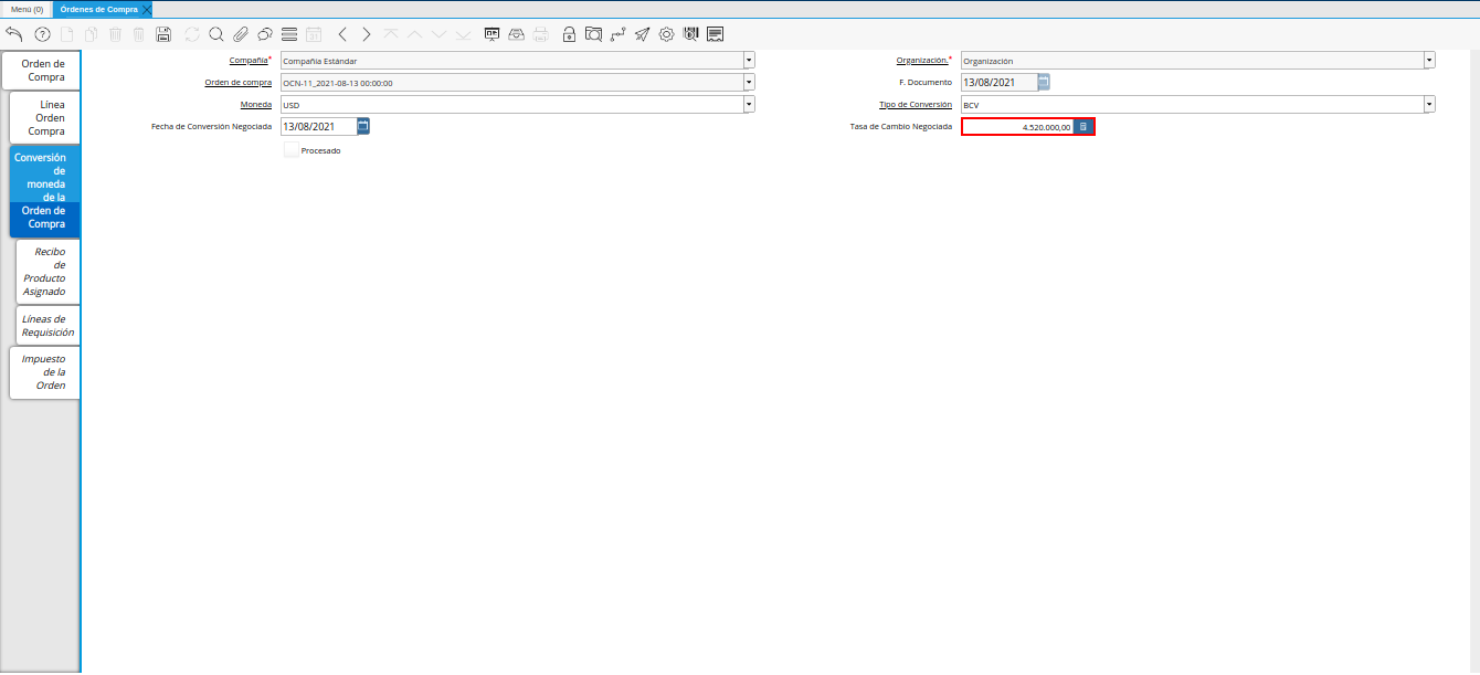 campo tasa de cambio negociada de la pestaña conversión de moneda de la orden de compra