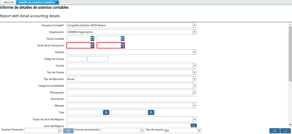 Campo Fecha de la Transacción de la Ventana Detalles de Asientos Contables